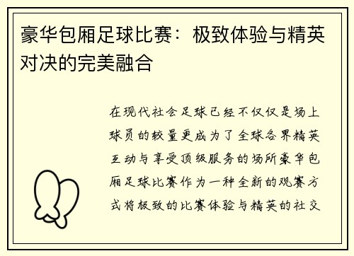 豪华包厢足球比赛：极致体验与精英对决的完美融合