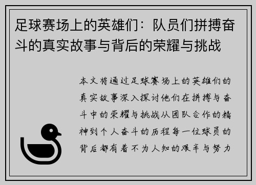 足球赛场上的英雄们：队员们拼搏奋斗的真实故事与背后的荣耀与挑战