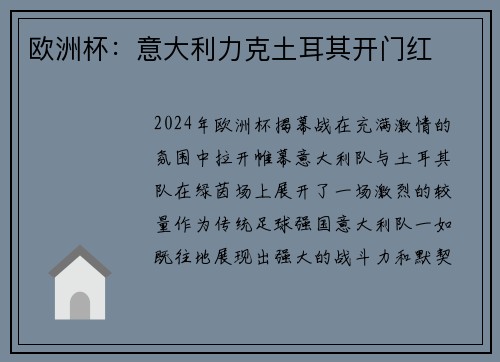 欧洲杯：意大利力克土耳其开门红