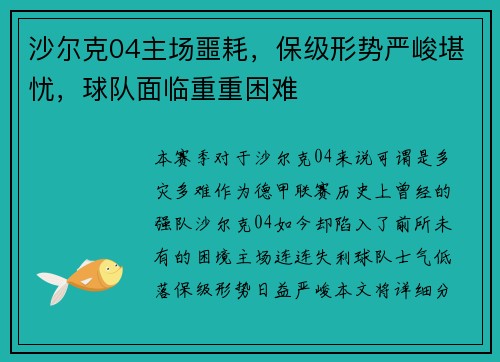沙尔克04主场噩耗，保级形势严峻堪忧，球队面临重重困难