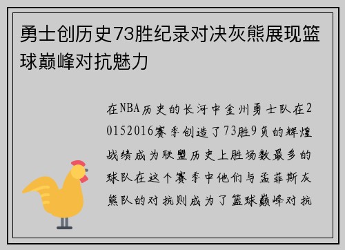 勇士创历史73胜纪录对决灰熊展现篮球巅峰对抗魅力