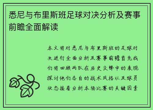 悉尼与布里斯班足球对决分析及赛事前瞻全面解读