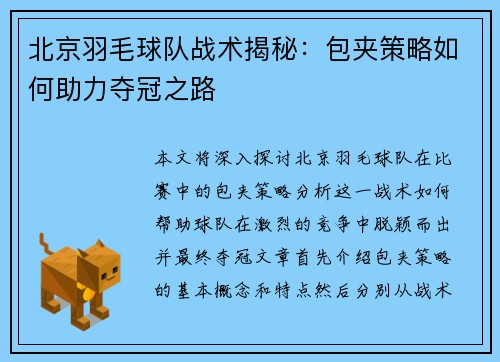 北京羽毛球队战术揭秘：包夹策略如何助力夺冠之路